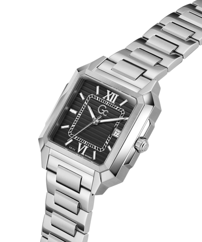 Silver Gc SquareCut Metal wristwatch with a black face on a white background lifestyle