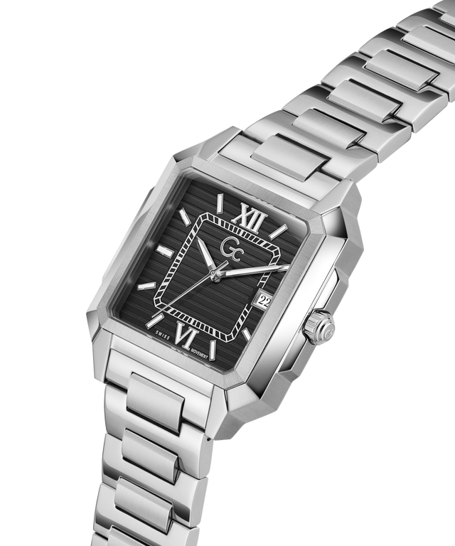 Silver Gc SquareCut Metal wristwatch with a black face on a white background lifestyle