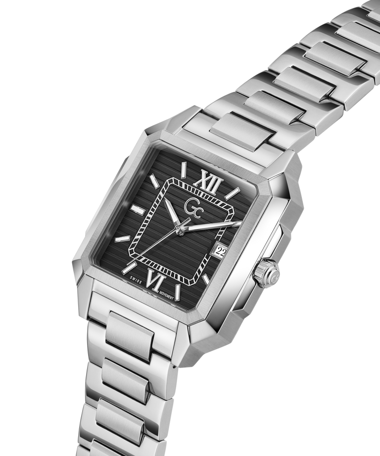 Silver Gc SquareCut Metal wristwatch with a black face on a white background lifestyle