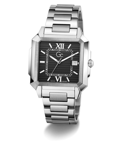Silver Gc SquareCut Metal watch with black dial on a white background