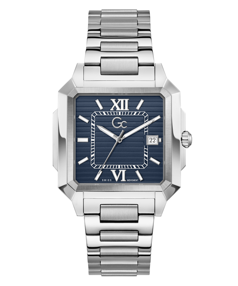 Gc SquareCut Metal watch with blue face on a white background