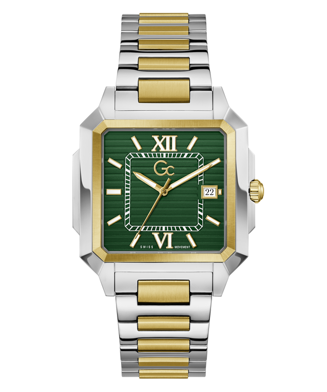 Two-tone silver and gold Gc SquareCut Metal watch with a green face on a white background