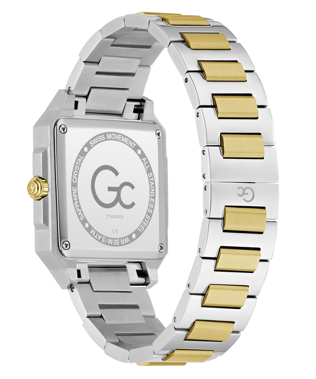 Two-tone silver and gold Gc SquareCut Metal watch with GC brand logo on a white background