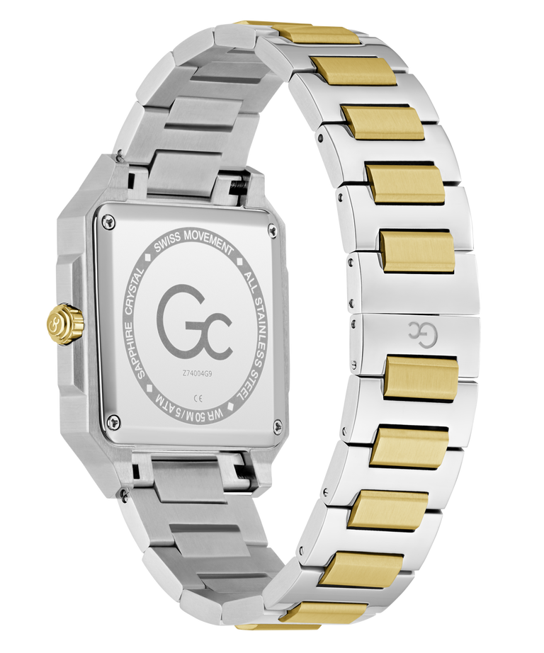 Two-tone silver and gold Gc SquareCut Metal watch with GC brand logo on a white background