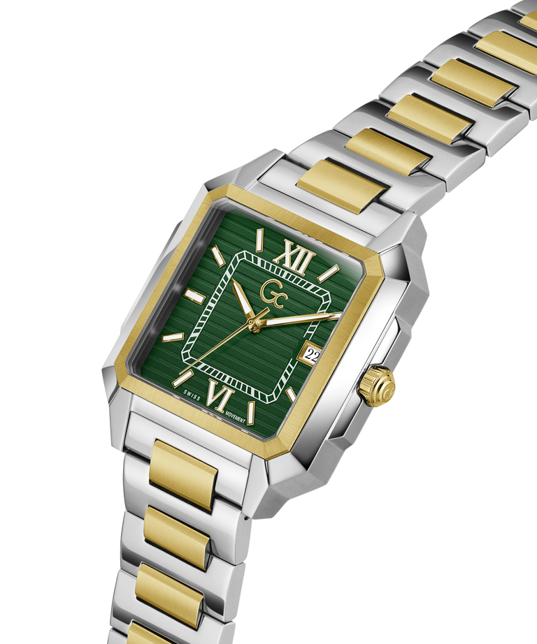 Two-tone silver and gold watch with a green face on a white background lifestyle