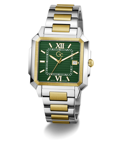 Gc SquareCut Metal Watch with green face and gold accents on a white background