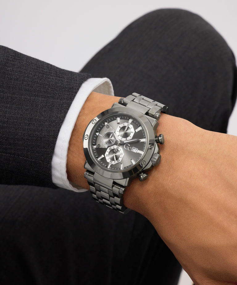 Gc TechnoForce Chrono Metal wristwatch on a person's wrist with a neutral background