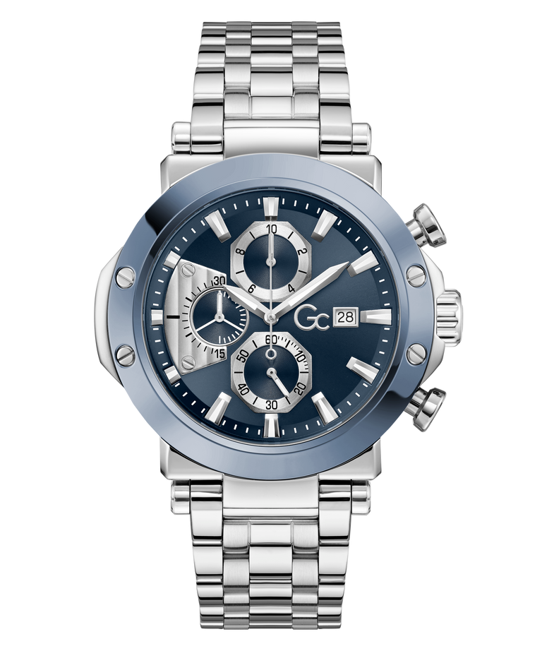Silver Gc TechnoForce Chrono Metal watch with a blue face on a white background