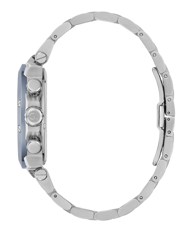 Close-up of a silver Gc TechnoForce Chrono Metal watch with a white background