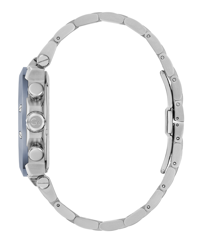 Close-up of a silver Gc TechnoForce Chrono Metal watch with a white background