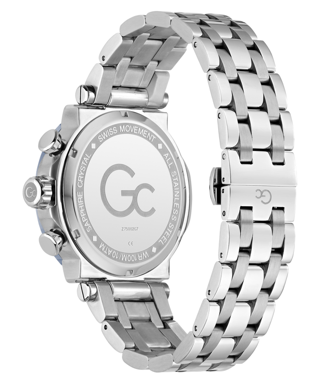 Silver Gc TechnoForce Chrono Metal watch with metal bracelet on a white background
