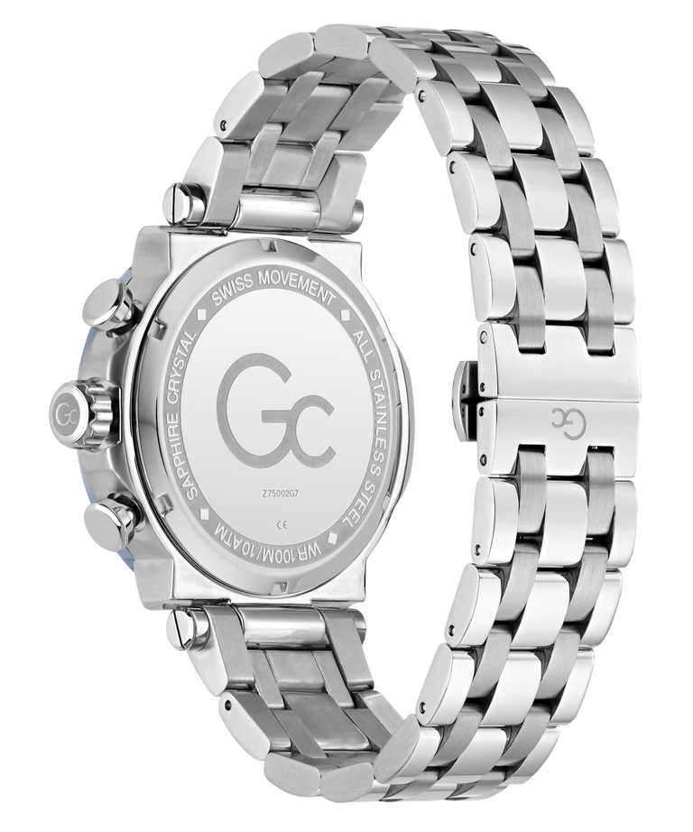 Silver Gc TechnoForce Chrono Metal watch with metal bracelet on a white background