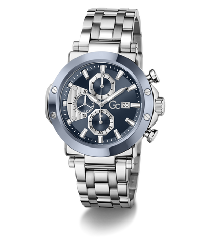 Silver Gc TechnoForce Chrono Metal watch with a blue face on a white background