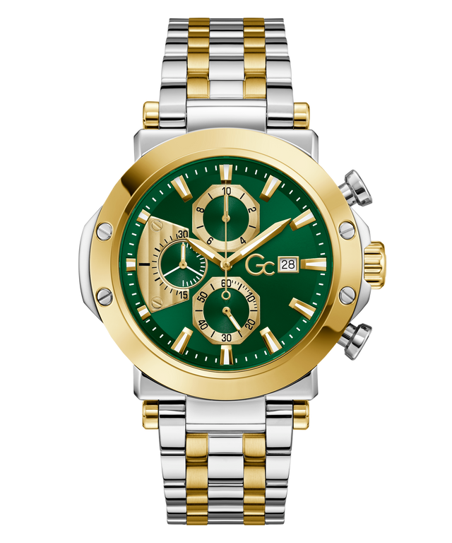 Gc TechnoForce Chrono Metal watch with green face, gold and silver band on white background