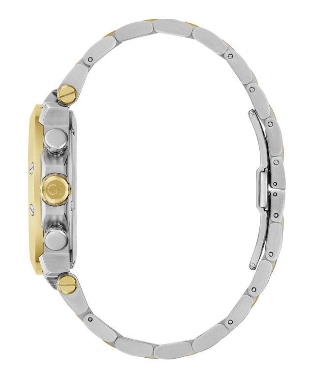 Close-up of a Gc TechnoForce Chrono Metal watch with a silver and gold band on a white background