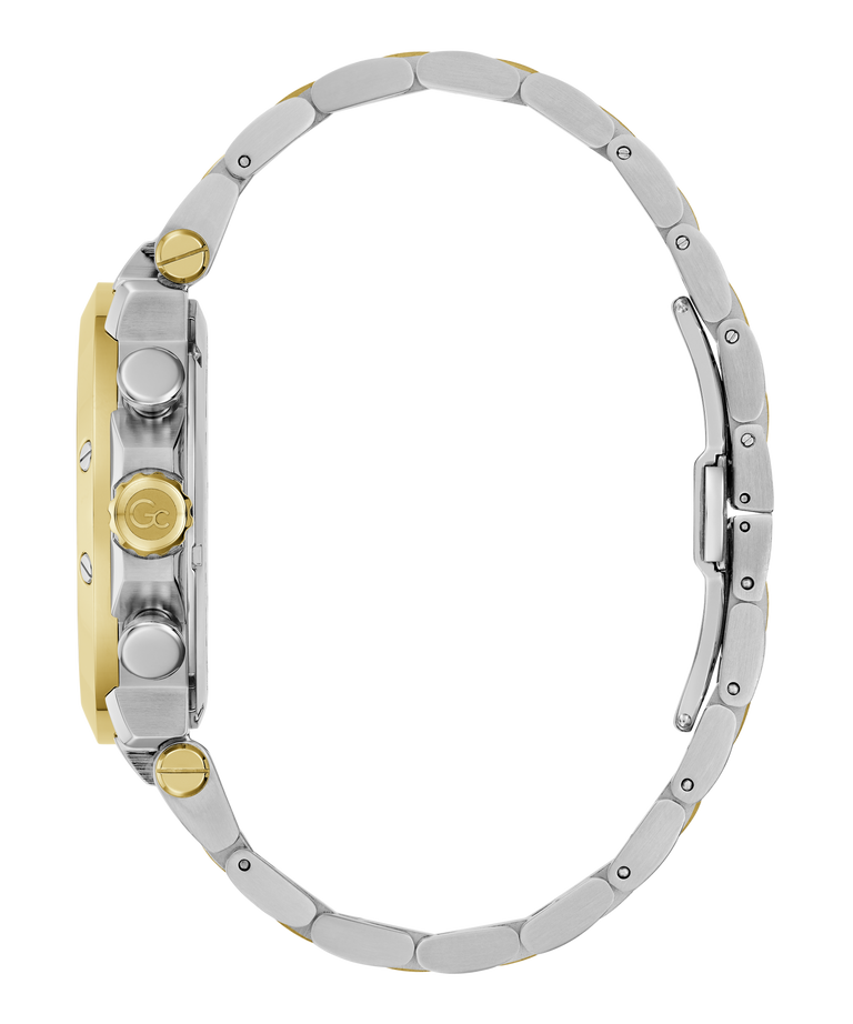 Close-up of a Gc TechnoForce Chrono Metal watch with a silver and gold band on a white background