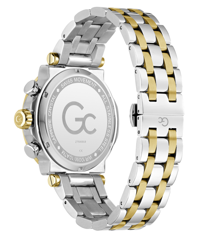 Two-tone silver and gold Gc TechnoForce Chrono Metal watch with visible brand logo on a white background