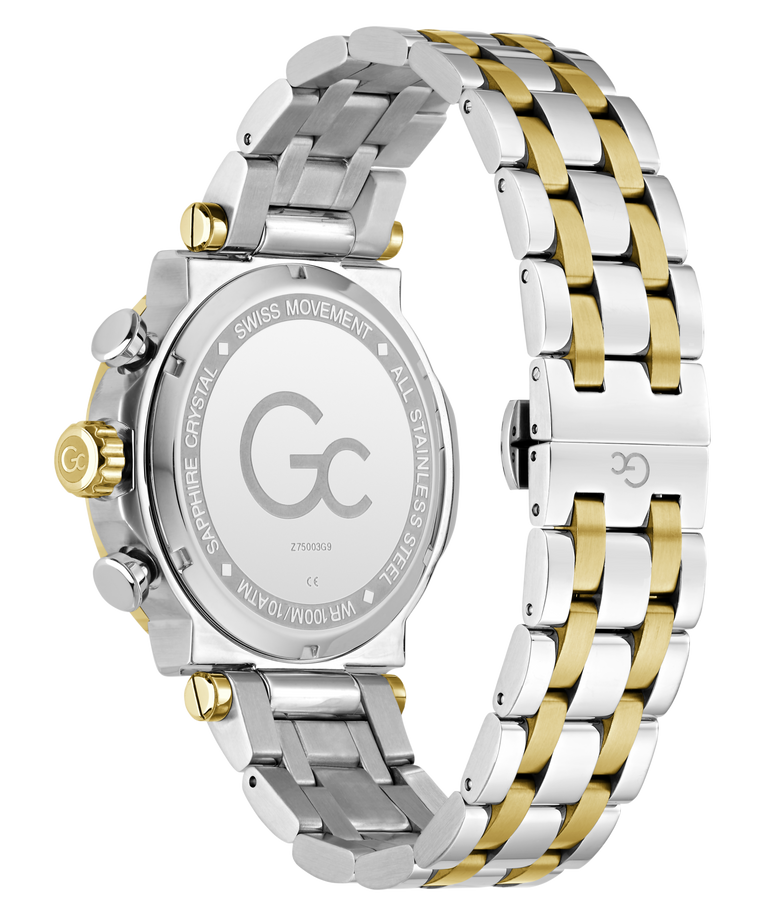 Two-tone silver and gold Gc TechnoForce Chrono Metal watch with visible brand logo on a white background