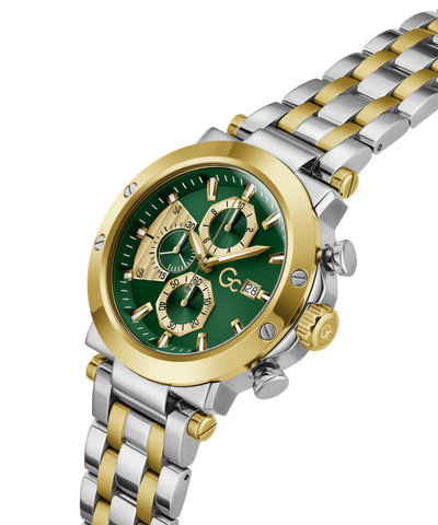Gc TechnoForce Chrono Metal watch with green face and two-tone metal strap on white background lifestyle