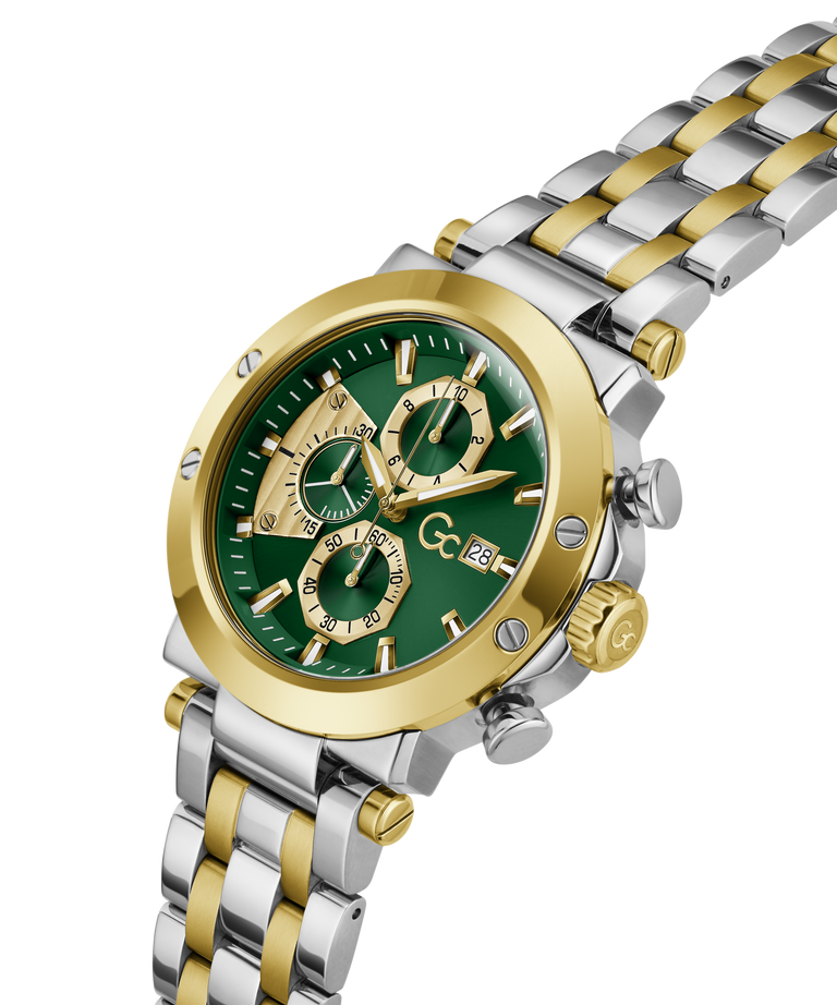 Gc TechnoForce Chrono Metal watch with green face and two-tone metal strap on white background lifestyle