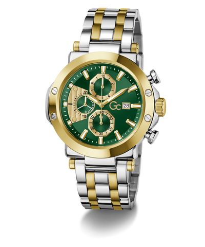 Gc TechnoForce Chrono Metal watch with green face and two-tone metal band on white background