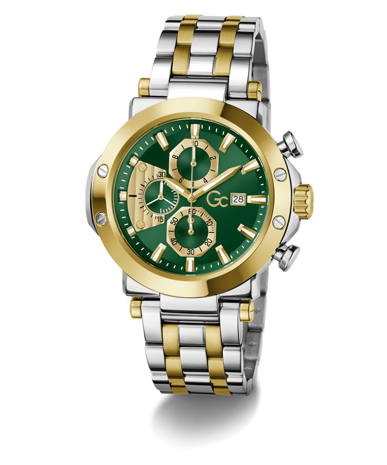 Gc TechnoForce Chrono Metal watch with green face and two-tone metal band on white background