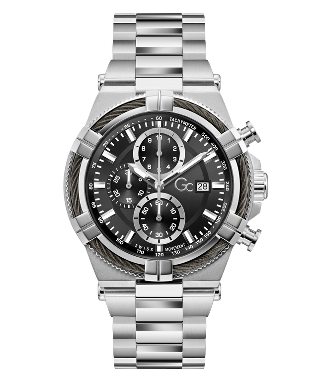 Silver Gc IronForce Chrono Metal with a black dial on a white background