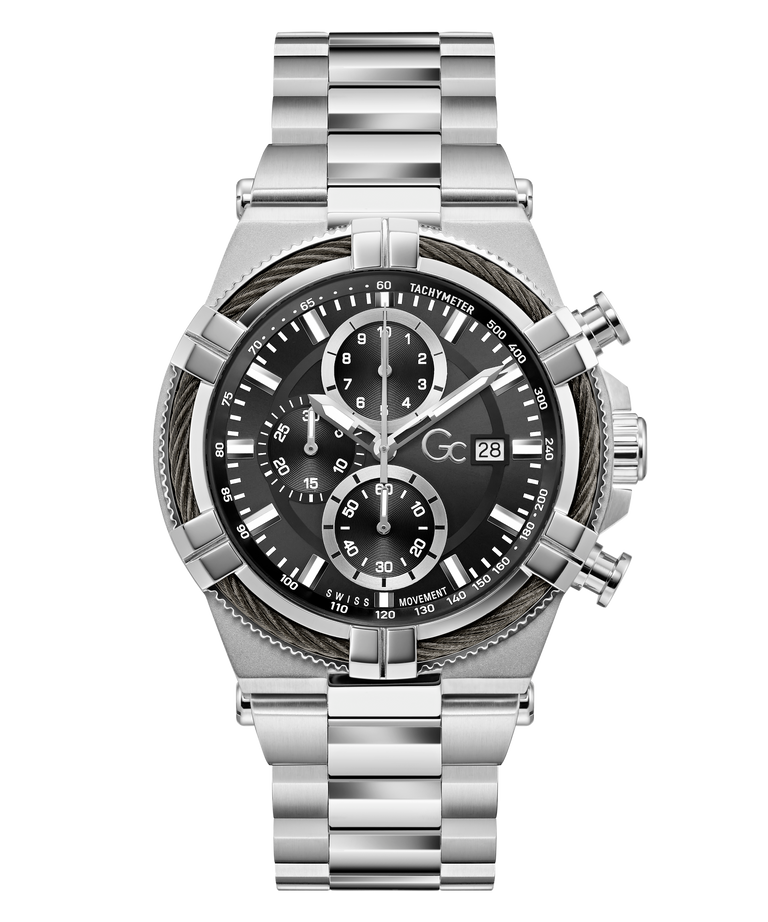 Silver Gc IronForce Chrono Metal with a black dial on a white background