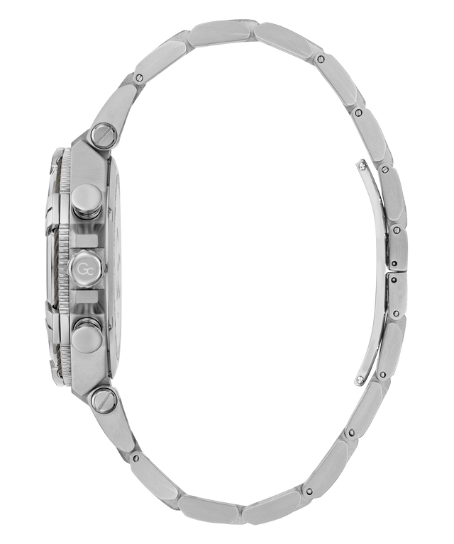 Close-up of a silver Gc IronForce Chrono Metal with detailed case and band on a white background