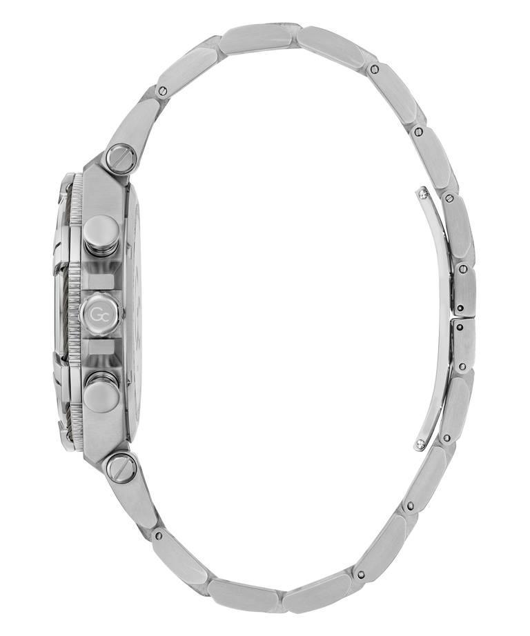 Close-up of a silver Gc IronForce Chrono Metal with detailed case and band on a white background