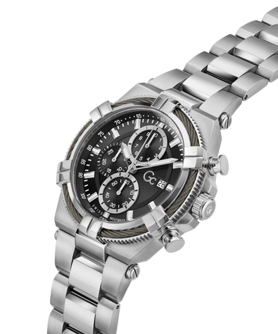 Silver Gc IronForce Chrono Metal with a black face on a white background lifestyle