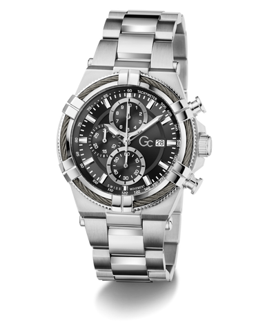 Silver Gc IronForce Chrono Metal with black dial on a white background