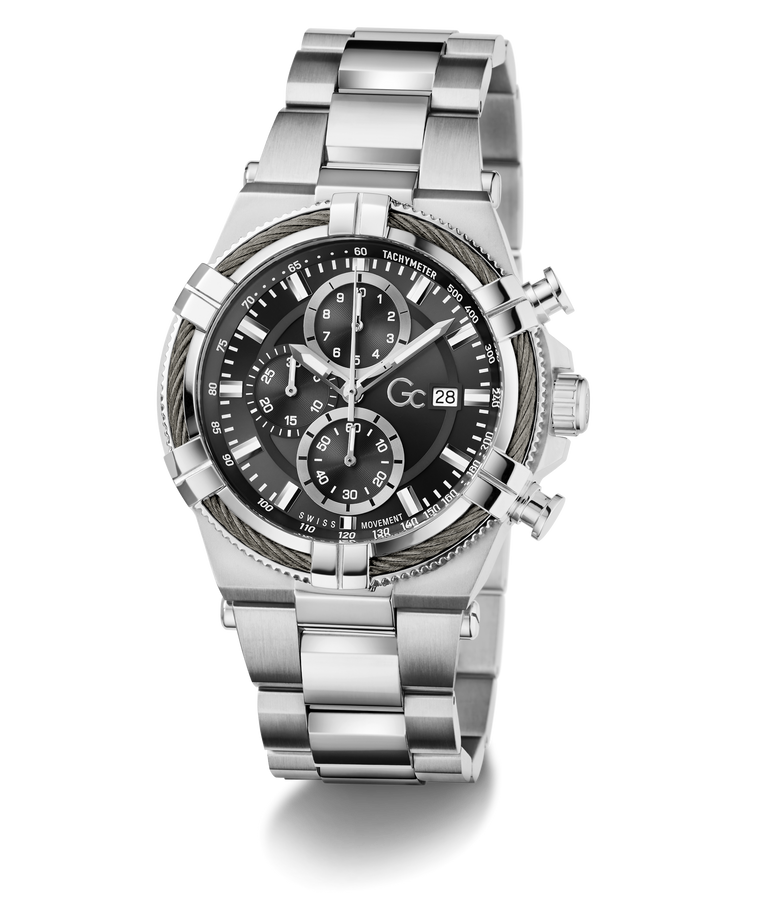 Silver Gc IronForce Chrono Metal with black dial on a white background