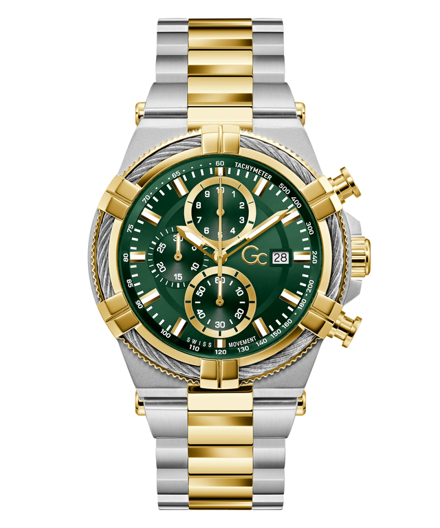 Luxury Gc IronForce Chrono Metal with green face and gold and silver band on white background
