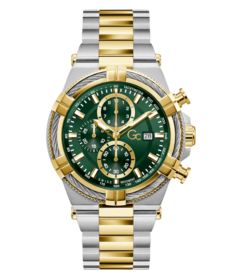 Luxury Gc IronForce Chrono Metal with green face and gold and silver band on white background