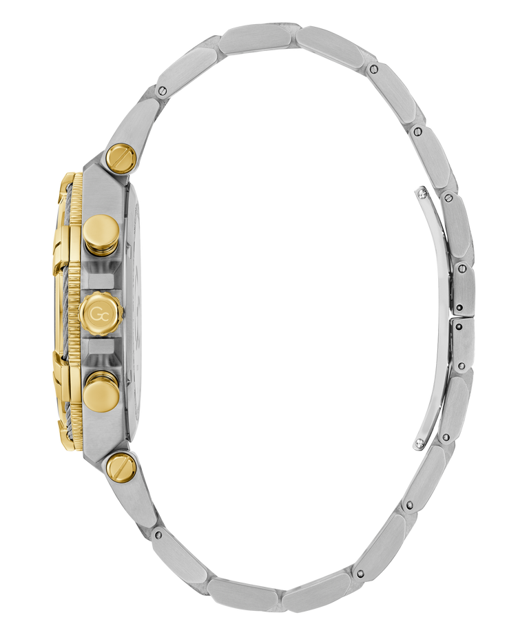 Close-up of a Gc IronForce Chrono Metal with a silver and gold band on a white background