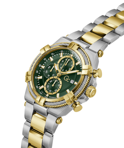 Two-tone silver and gold watch with a green face on a white background lifestyle