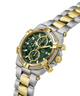 Two-tone silver and gold watch with a green face on a white background lifestyle