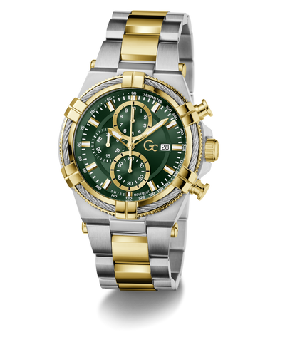 Two-toned Gc IronForce Chrono Metal with green face and gold accents on a white background