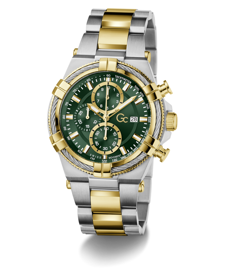Two-toned Gc IronForce Chrono Metal with green face and gold accents on a white background