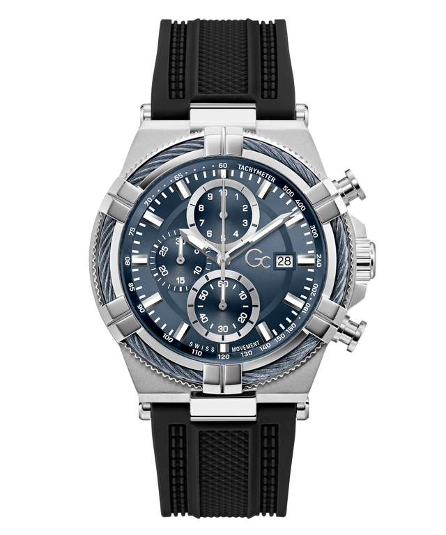 Gc IronForce Chrono Silicone with black strap and blue dial on a white background