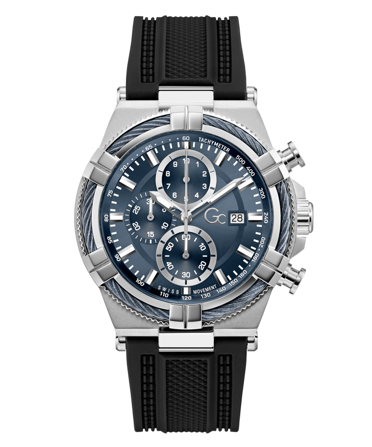 Gc IronForce Chrono Silicone with black strap and blue dial on a white background