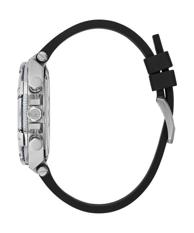 Wristwatch with black strap and silver case on a white background
