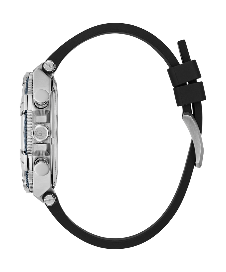 Wristwatch with black strap and silver case on a white background