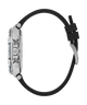 Wristwatch with black strap and silver case on a white background