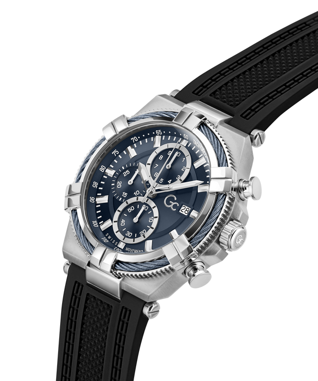 Gc IronForce Chrono Silicone with black strap and silver case on a white background lifestyle