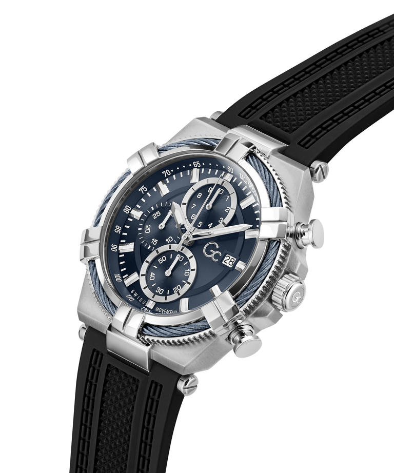 Gc IronForce Chrono Silicone with black strap and silver case on a white background lifestyle