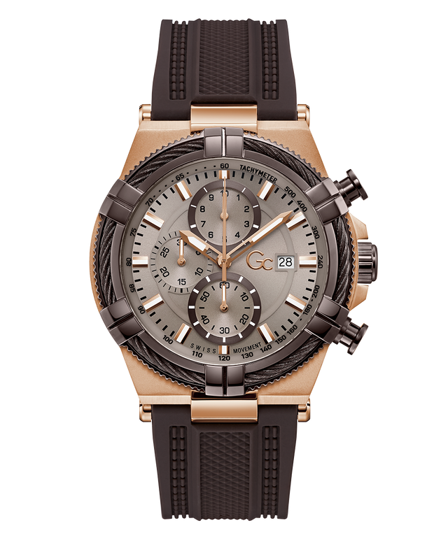 Luxury Gc IronForce Chrono Silicone with rose gold and black strap on a white background