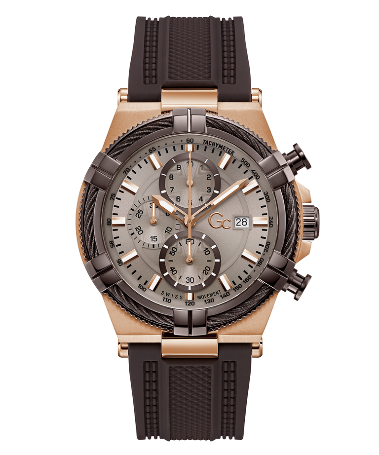 Luxury Gc IronForce Chrono Silicone with rose gold and black strap on a white background