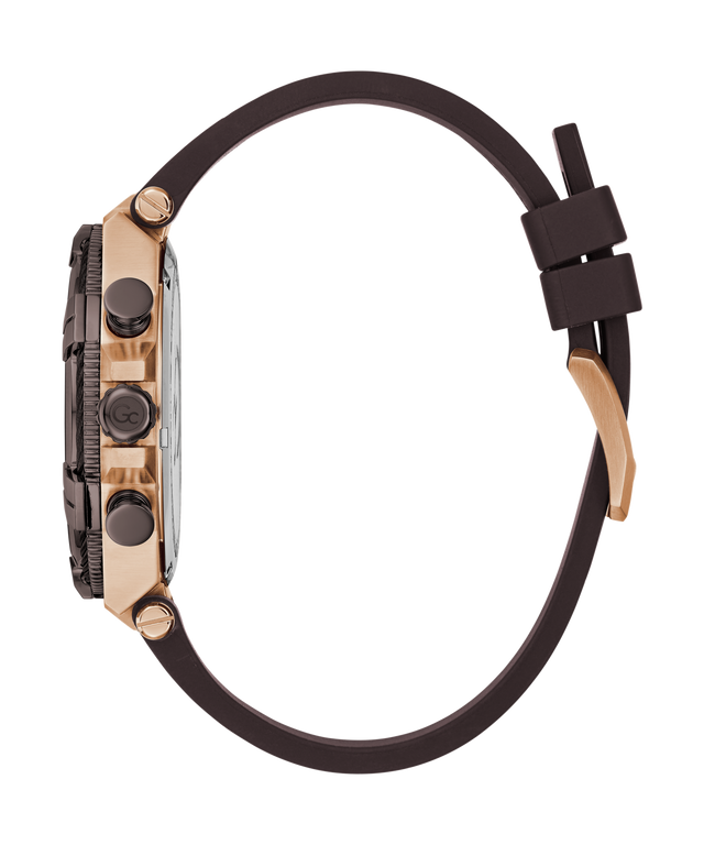 Close-up of a Gc IronForce Chrono Silicone with brown strap and gold accents on a white background